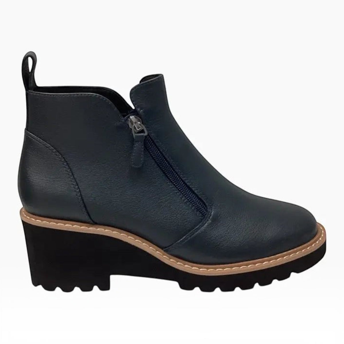 The Shoe Shop Whitney black leather ankle boot with twin side zips and a comfortable 60mm wedge heel