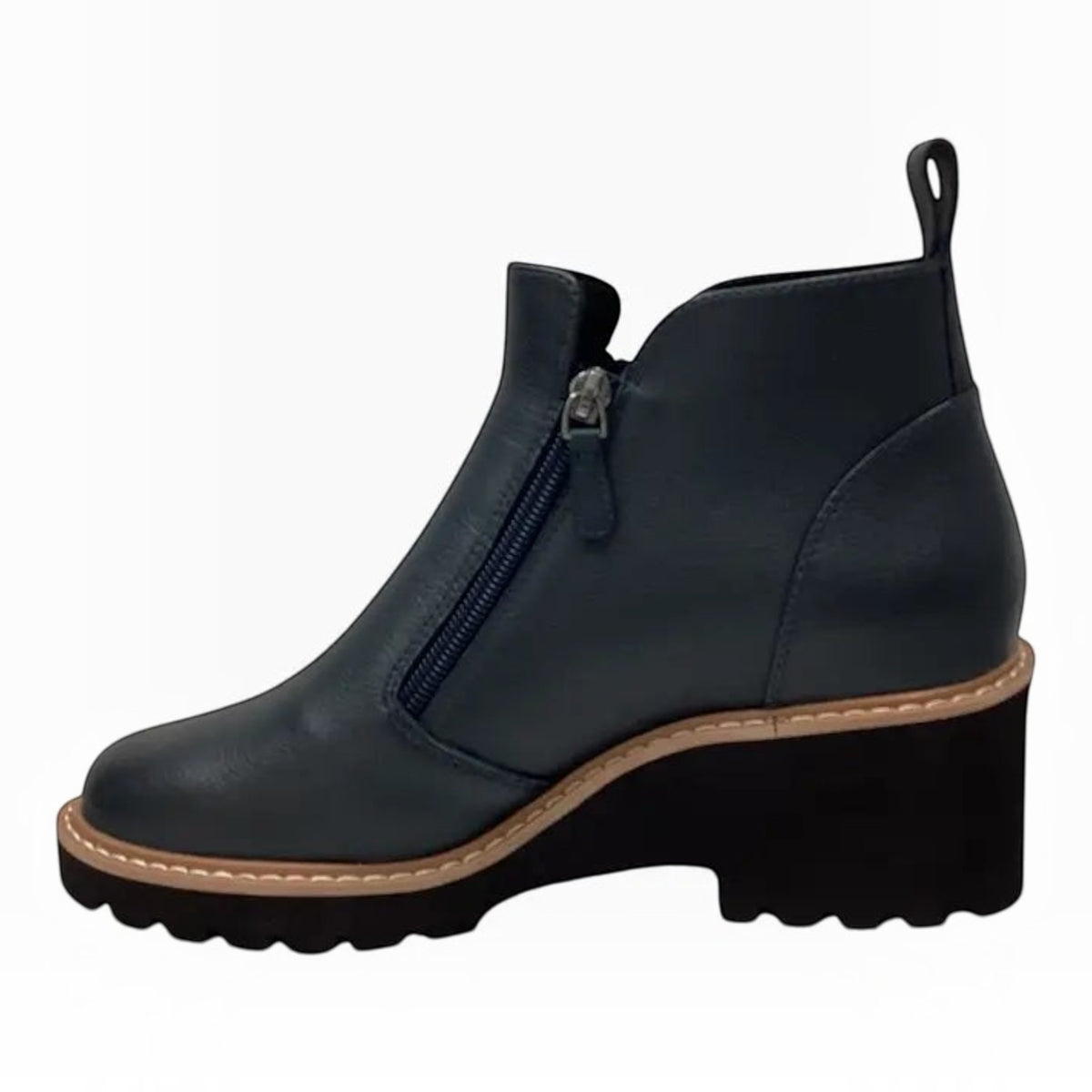 The Shoe Shop Whitney navy leather ankle boot with twin side zips and a comfortable 60mm wedge heel.