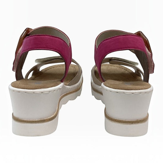 The Shoe Shop Whitney wedge sandals in pink and beige synthetic material with a cushioned footbed and white wedge sole