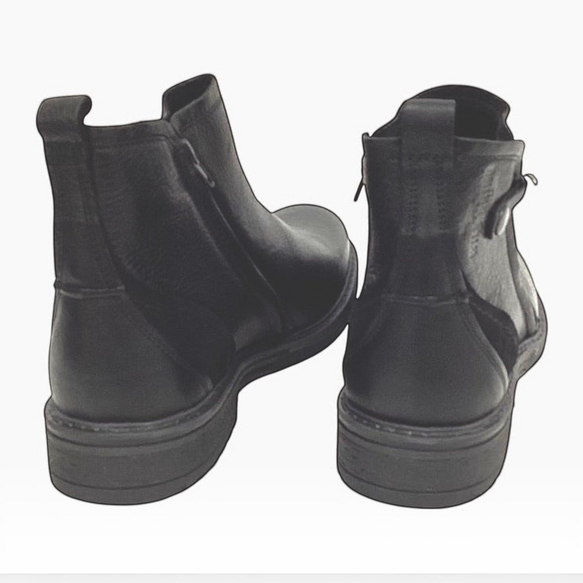 The Shoe Shop Wild Rhino Hunter black leather ankle boots with twin zips and rubber outsoles, rear view.