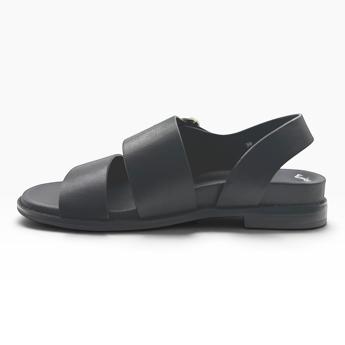 The Shoe Shop Willa black leather flat sandals with a side buckle strap and comfortable sole