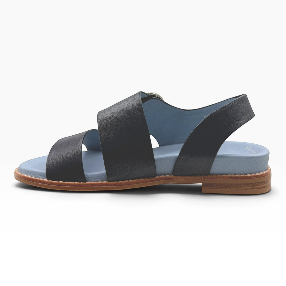 The Shoe Shop Willa black leather sandals with a light blue footbed and low brown heel, side view.