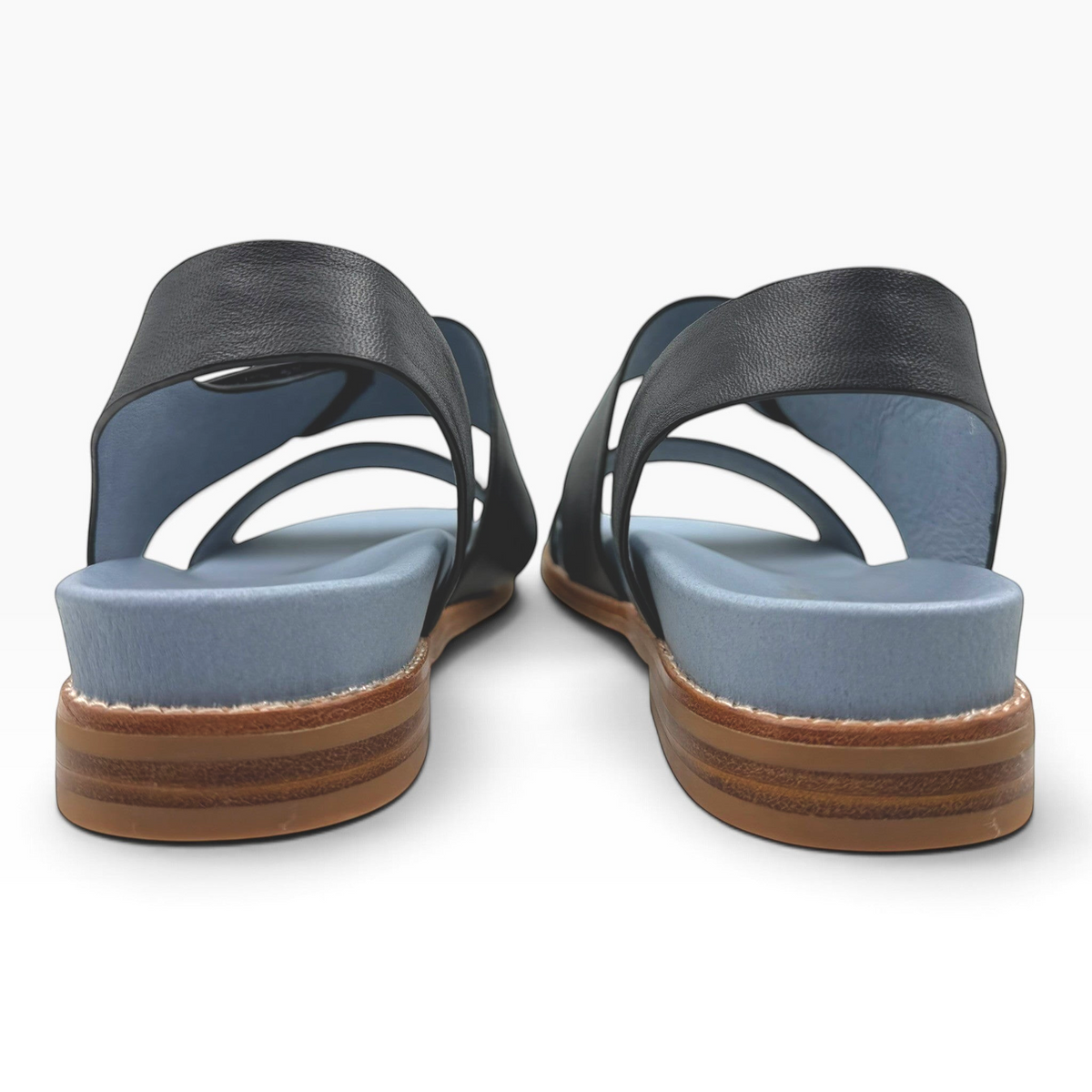 Back view of The Shoe Shop Willa black leather sandals with a grey cushioned footbed and stacked wooden heel
