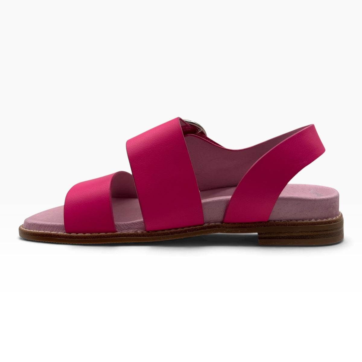 The Shoe Shop Willa fuchsia pink leather flat sandal with a side buckle strap and light pink cushioned footbed