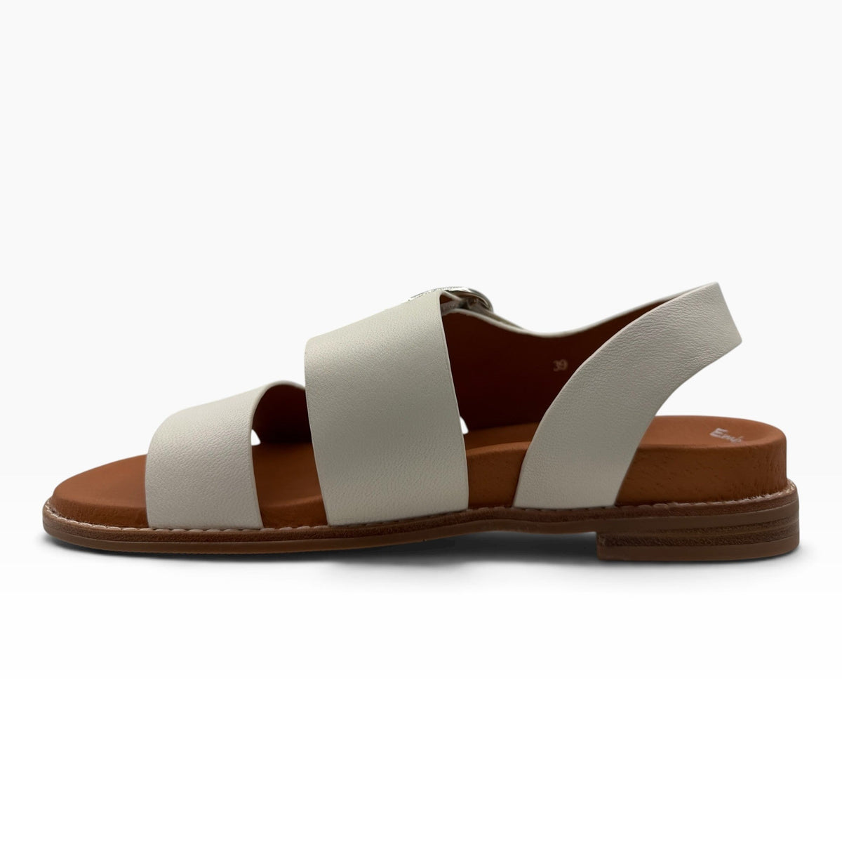 The Shoe Shop Willa white leather sandals with a brown cushioned footbed and side buckle closure