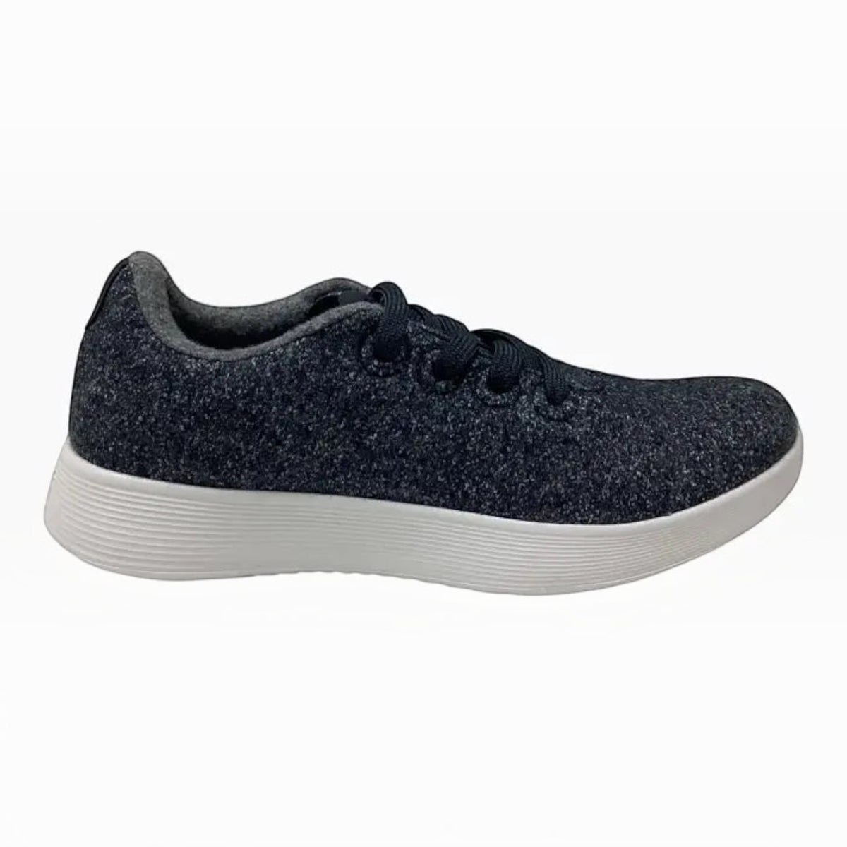 The Shoe Shop Wool Runner sneaker in charcoal grey Merino wool with a white cushioned sole and lace-up design.