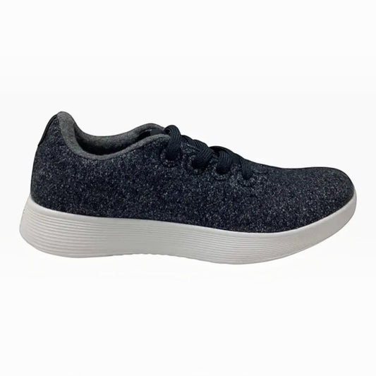 The Shoe Shop Wool Runner sneaker in charcoal grey Merino wool with a white cushioned sole and lace-up design.