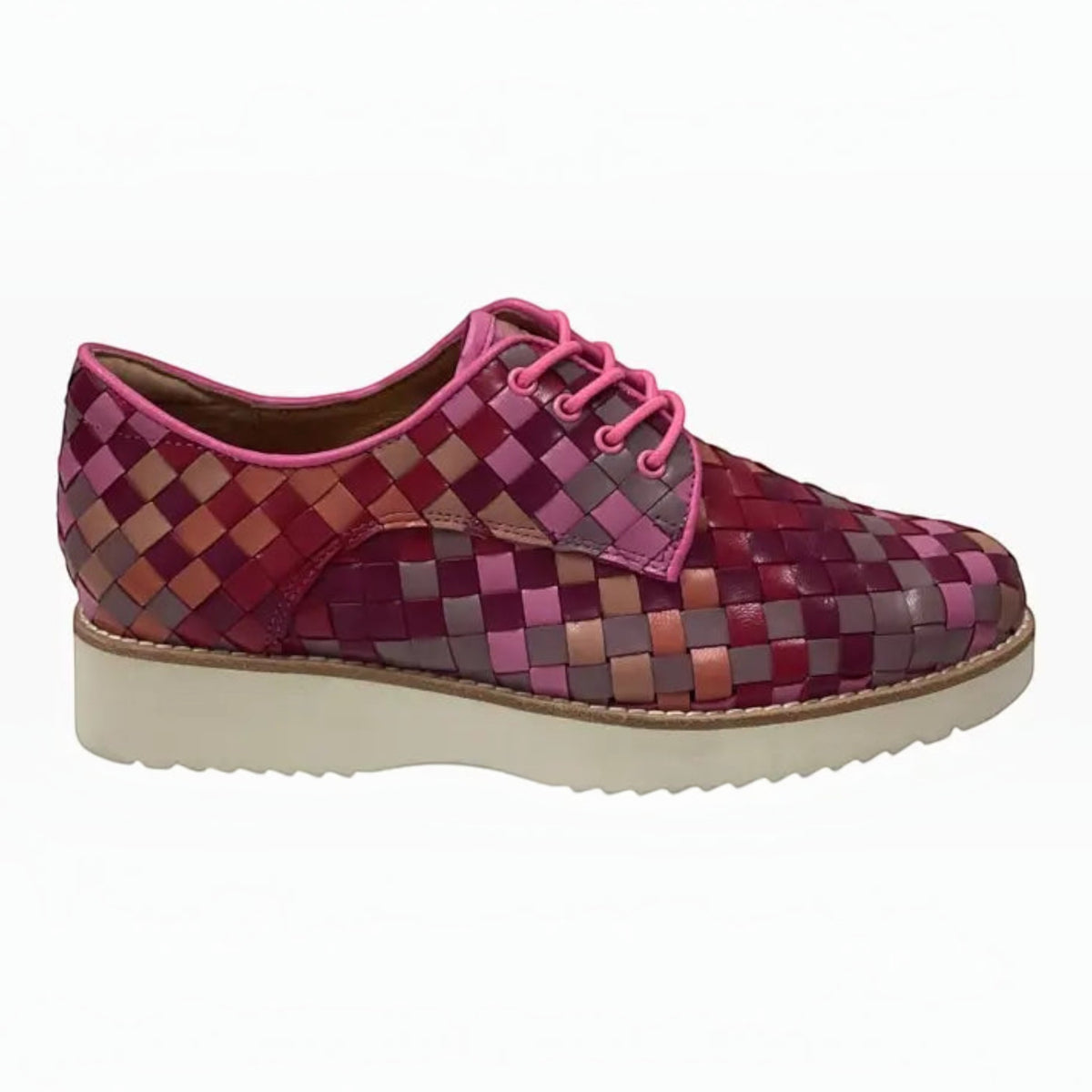 The Shoe Shop Gelato Addiction derby sneaker in pink and purple woven leather with a white platform wedge sole.