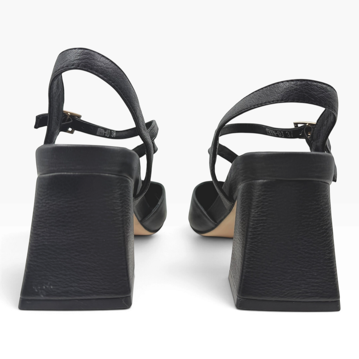 The Shoe Shop Wryn black grained leather block heel sandals with slingback straps viewed from the back