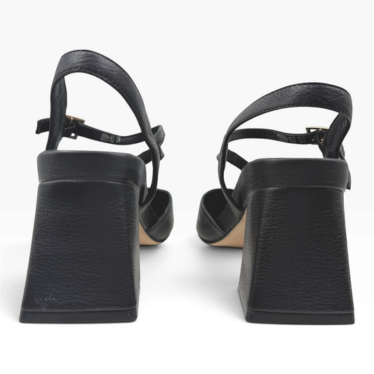 The Shoe Shop Wryn black grained leather block heel sandals with slingback straps viewed from the back