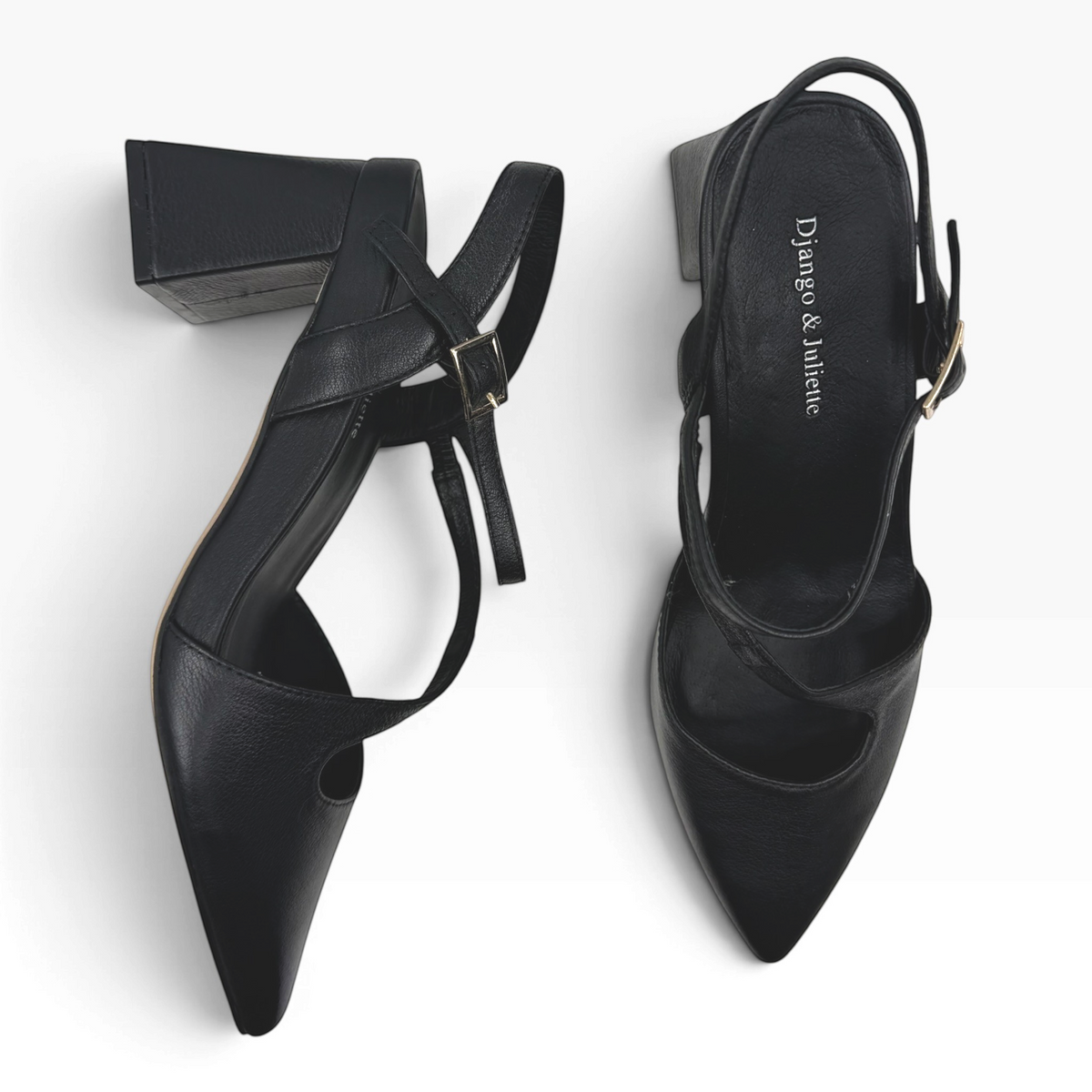 The Shoe Shop Wryn black grained leather block heel shoes with pointed toe, cross straps, and adjustable slingback.