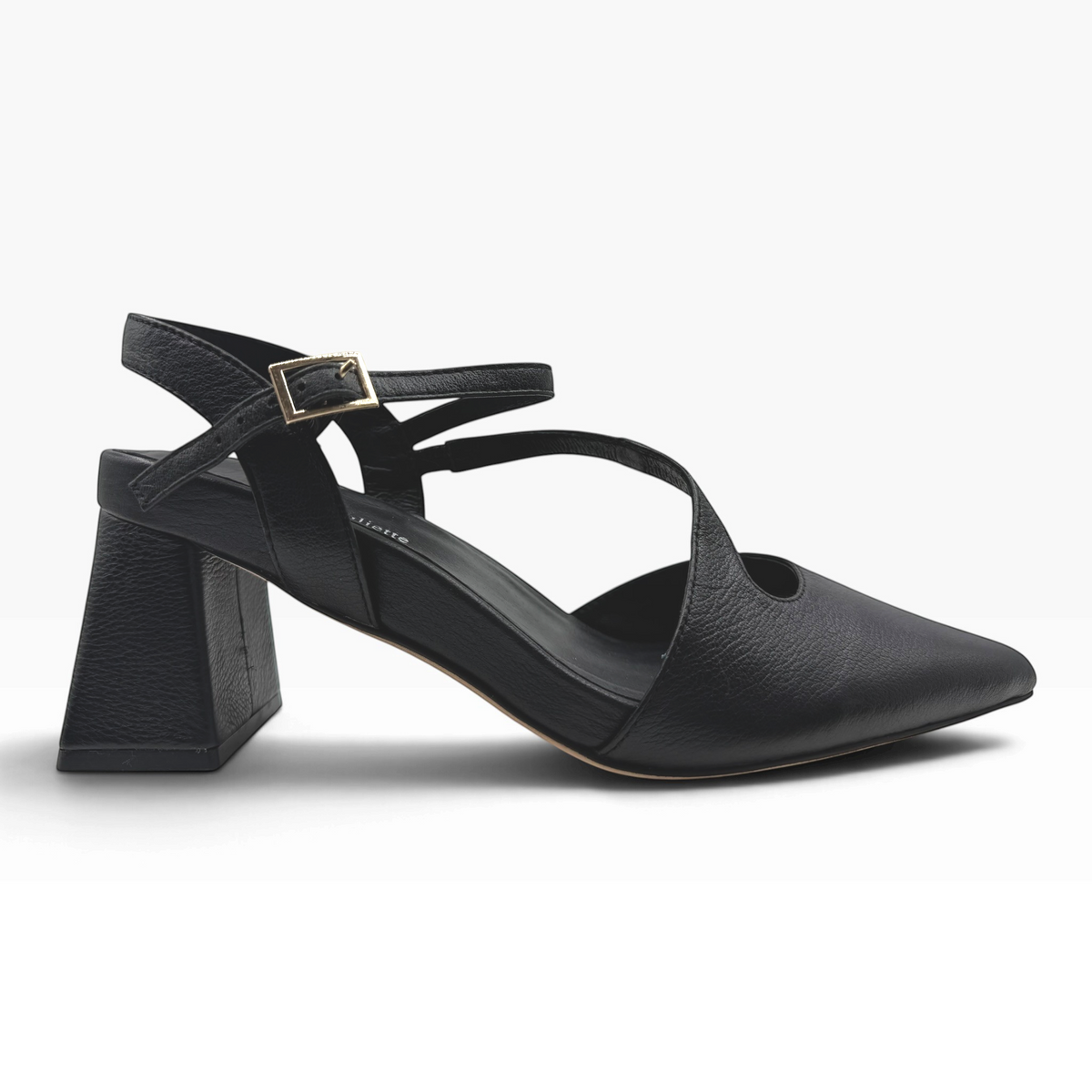 The Shoe Shop Wryn black grained leather block heel with pointed toe, cross-straps, and adjustable slingback buckle.