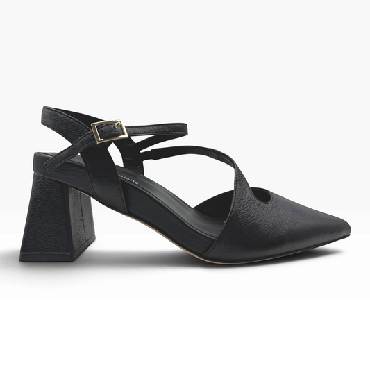 The Shoe Shop Wryn black grained leather block heel with pointed toe, cross-straps, and adjustable slingback buckle.