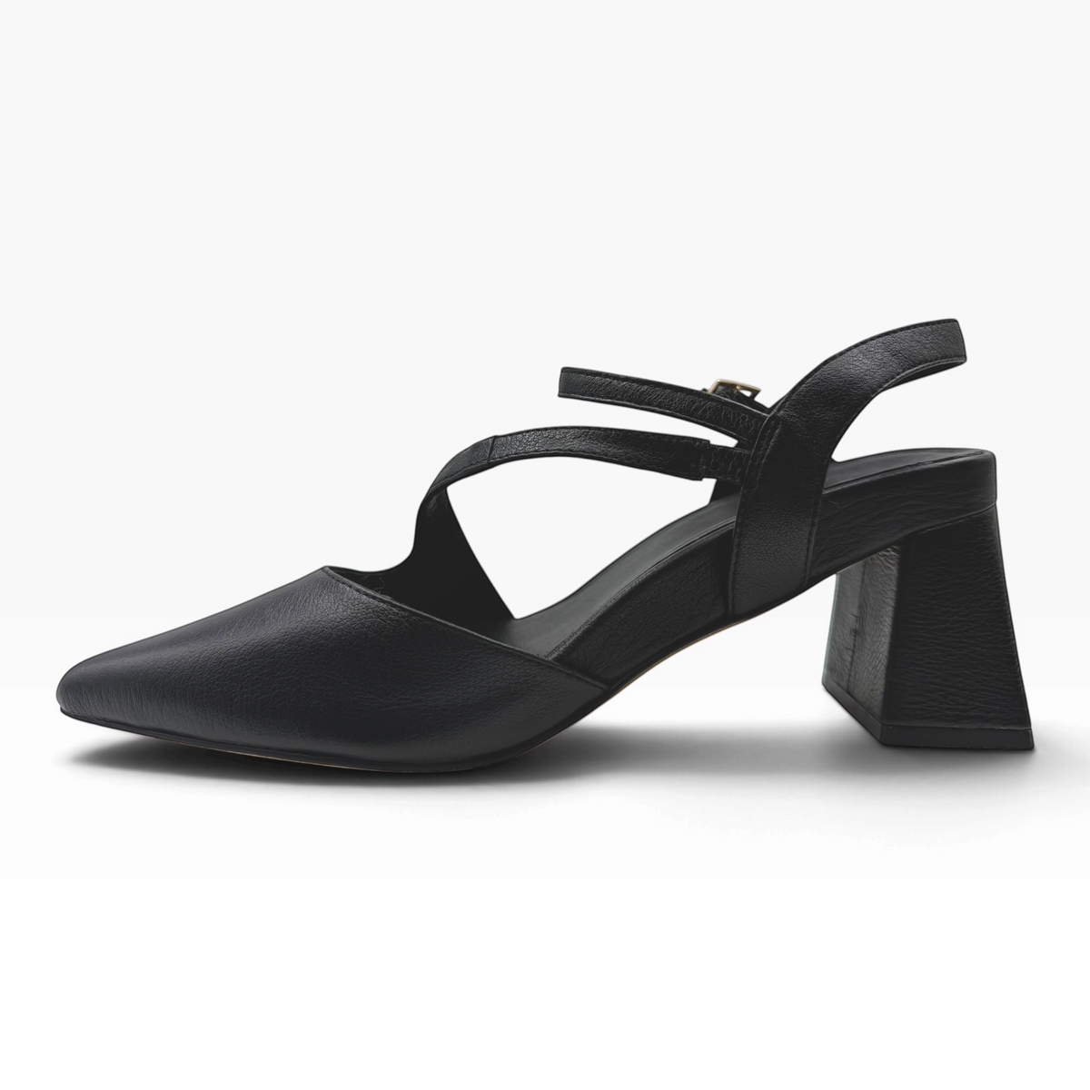 The Shoe Shop Wryn black grained leather block heel with a pointed toe, cross-strap detailing, and slingback buckle.