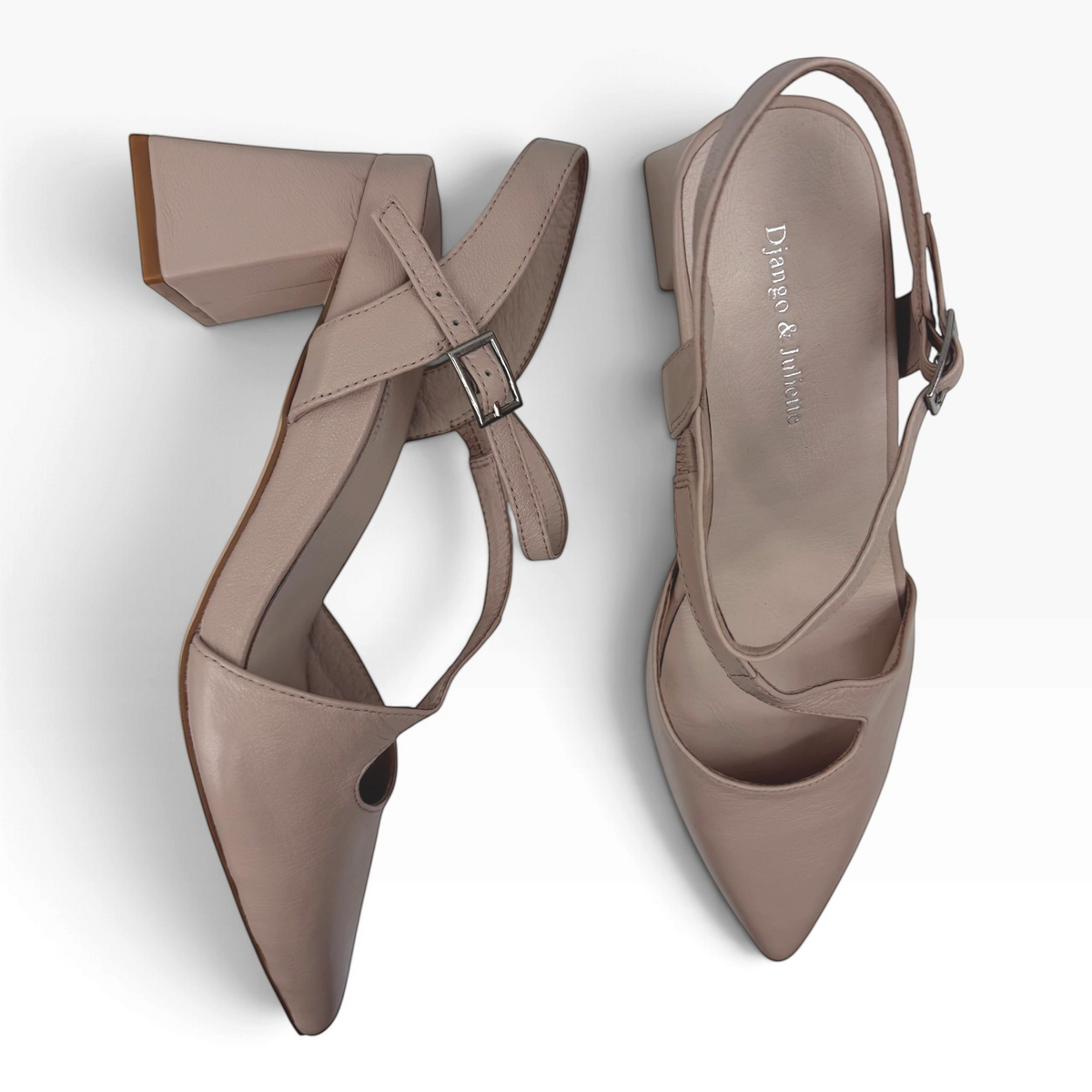The Shoe Shop Wryn nude grained leather block heel shoes with pointed toe, cross straps, and adjustable slingback.
