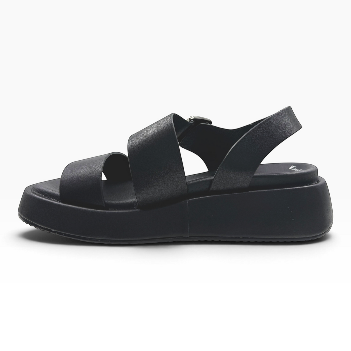 The Shoe Shop Zen black platform sandals with wide straps and a buckle closure, side view