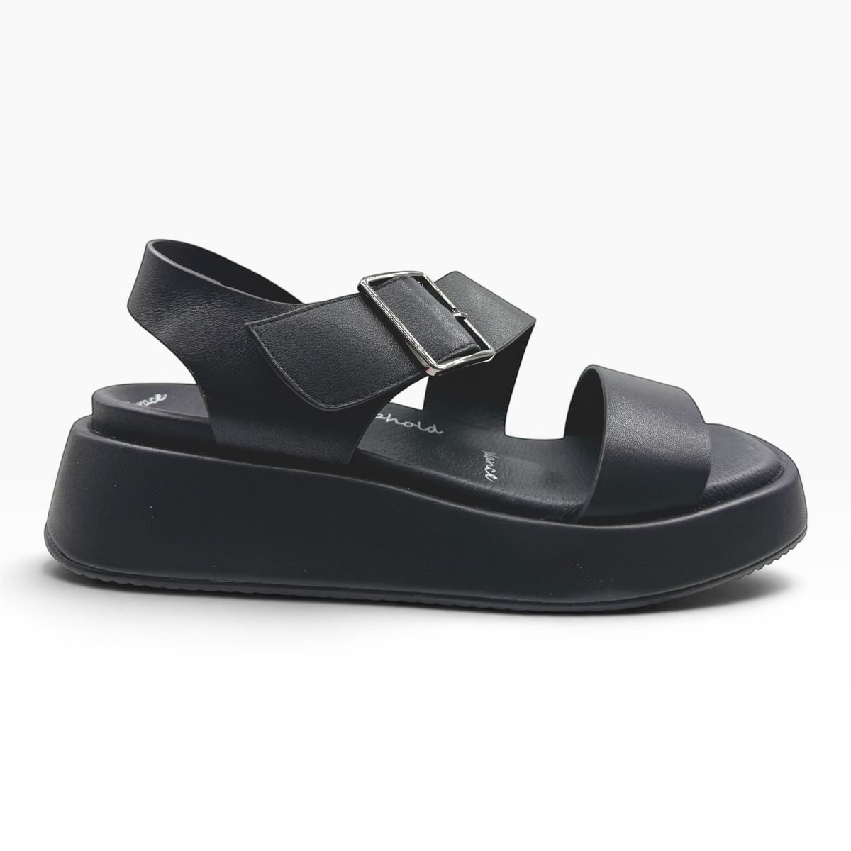 The Shoe Shop Zen black platform sandals with adjustable buckle strap and cushioned sole