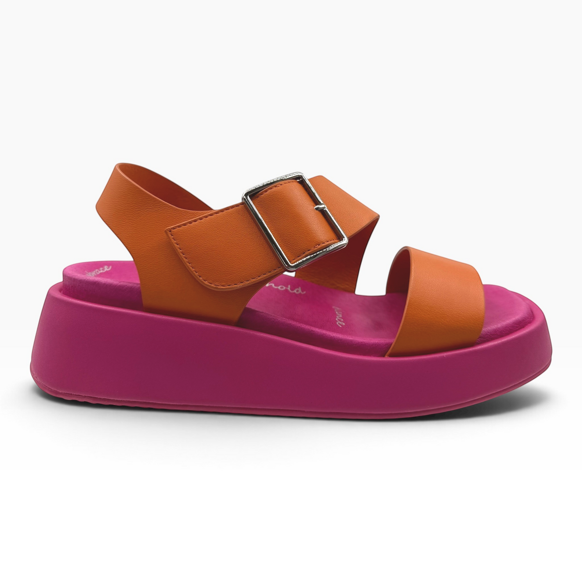 The Shoe Shop Zen platform sandals featuring orange straps with a silver buckle and a vibrant pink chunky sole