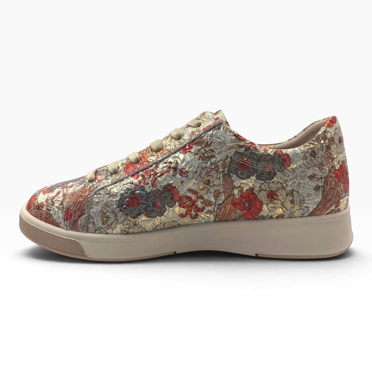 The Shoe Shop Ziera Aito sneaker in cream textured leather with a vivid red floral print and gold-tone side zip.
