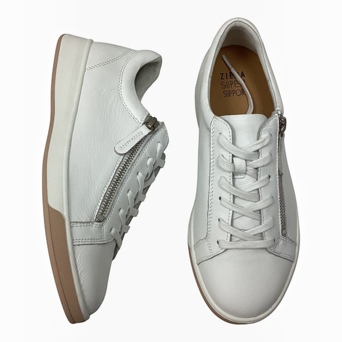 The Shoe Shop Ziera Aito white textured leather sneakers with side zip detail and cushioned soles