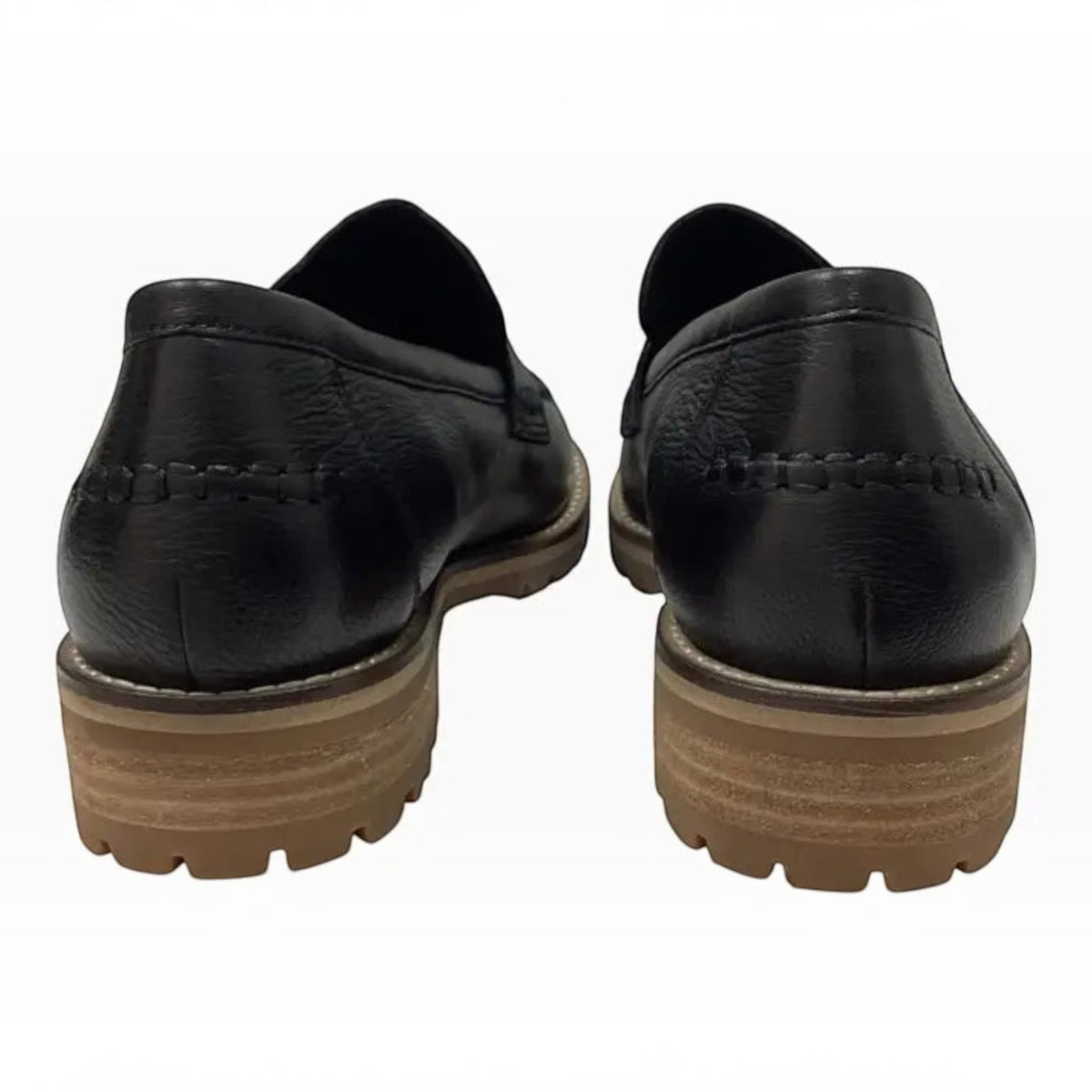 The Shoe Shop Ziera Maudle black leather loafers featuring a chunky lug sole and low block heel, rear view.