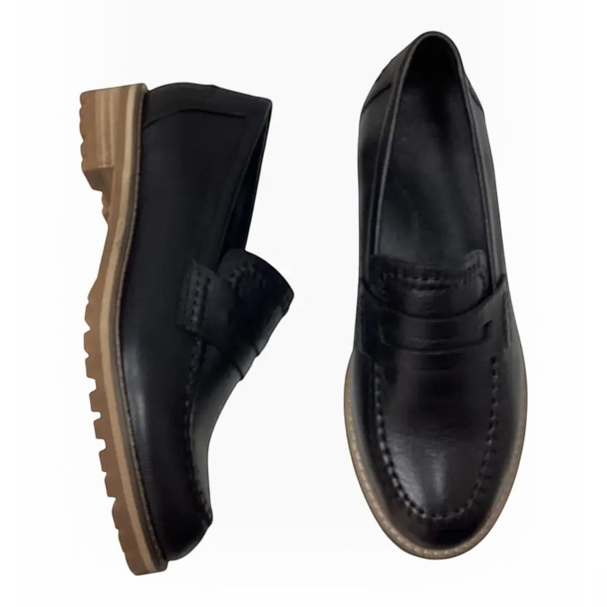 The Shoe Shop Ziera Maudle black leather loafers featuring a chunky lug sole, penny strap, and moc toe stitching.