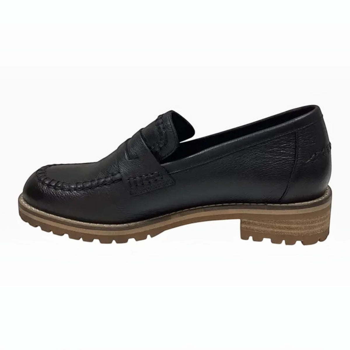 The Shoe Shop Ziera Maudle black leather loafer with a chunky lug sole, moc toe stitching, and a penny strap.