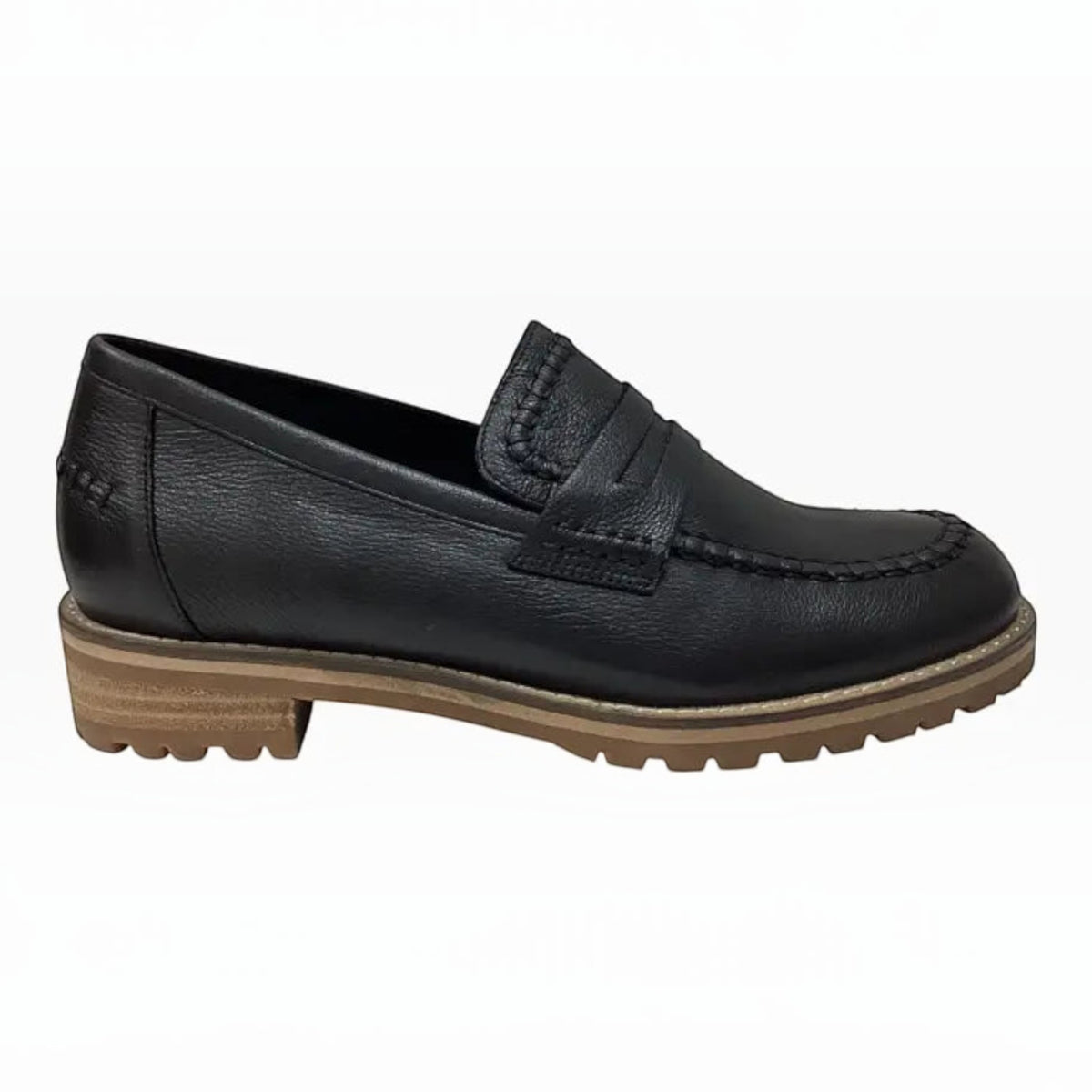 The Shoe Shop Ziera Maudle black leather loafer with a chunky lug sole, moc toe, and penny strap detail.