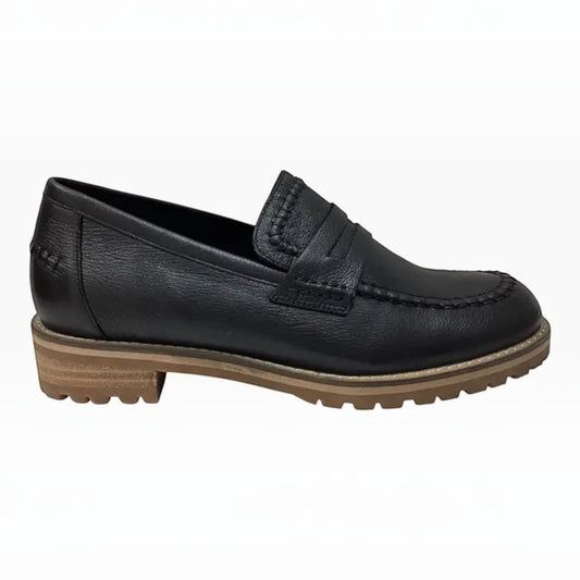 The Shoe Shop Ziera Maudle black leather loafer with a chunky lug sole, moc toe, and penny strap detail.