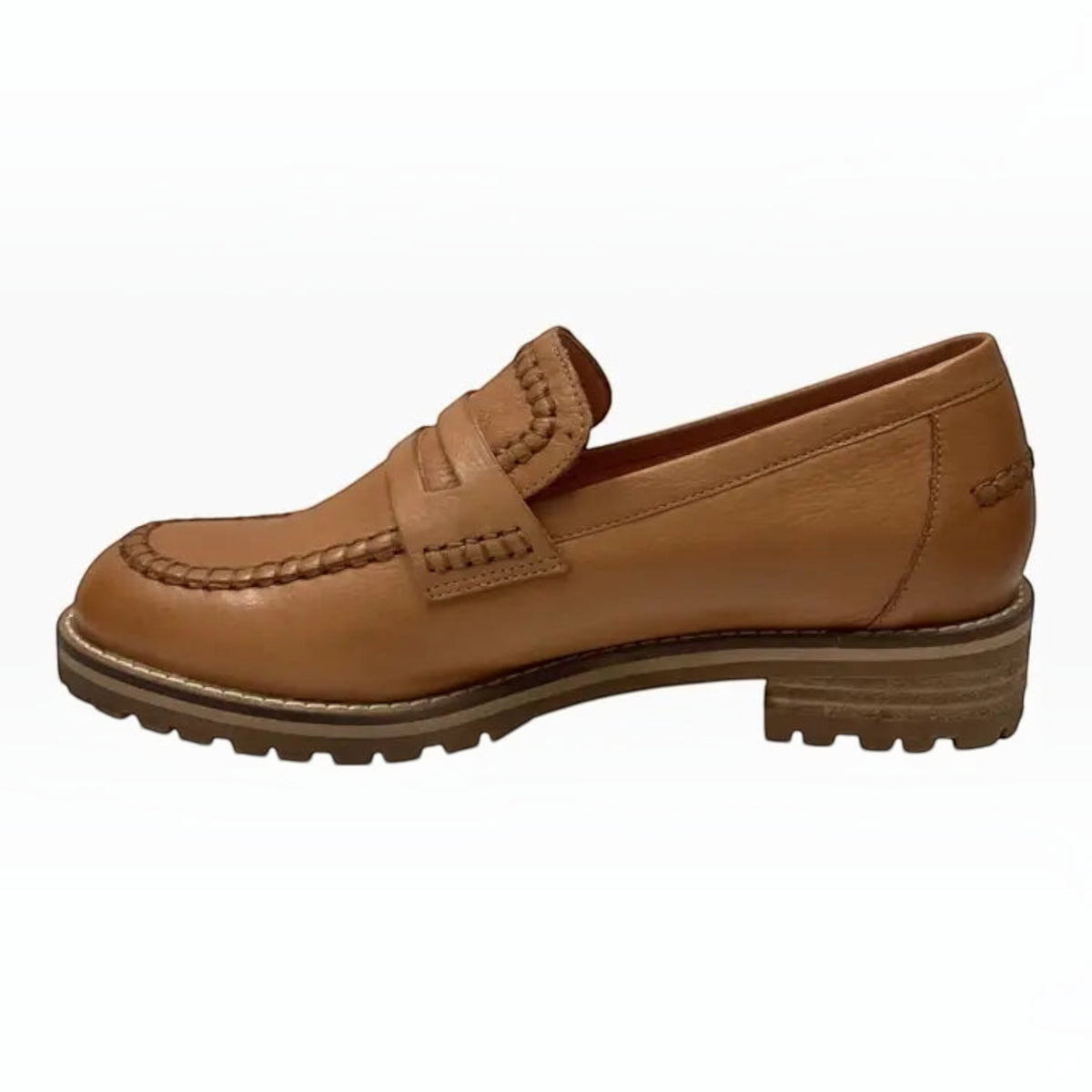 The Shoe Shop Ziera Maudle tan leather loafer with a hand-stitched moc toe, penny strap, and chunky lug sole.