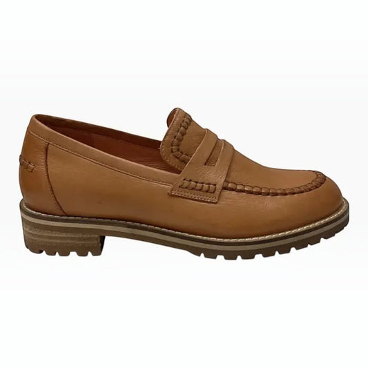 The Shoe Shop Ziera Maudle tan leather loafer with a chunky lug sole, penny strap, and hand-stitched moc toe detail.