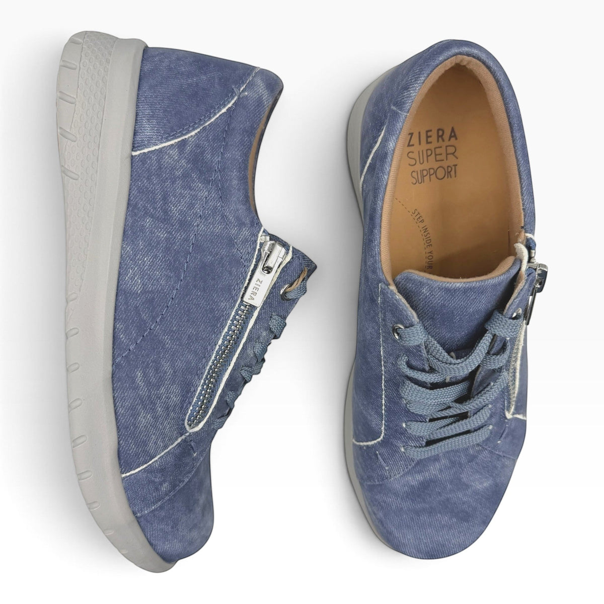 The Shoe Shop Ziera Solar XF blue leather sneakers with side zip, lace-up closure, and supportive orthotic footbed.