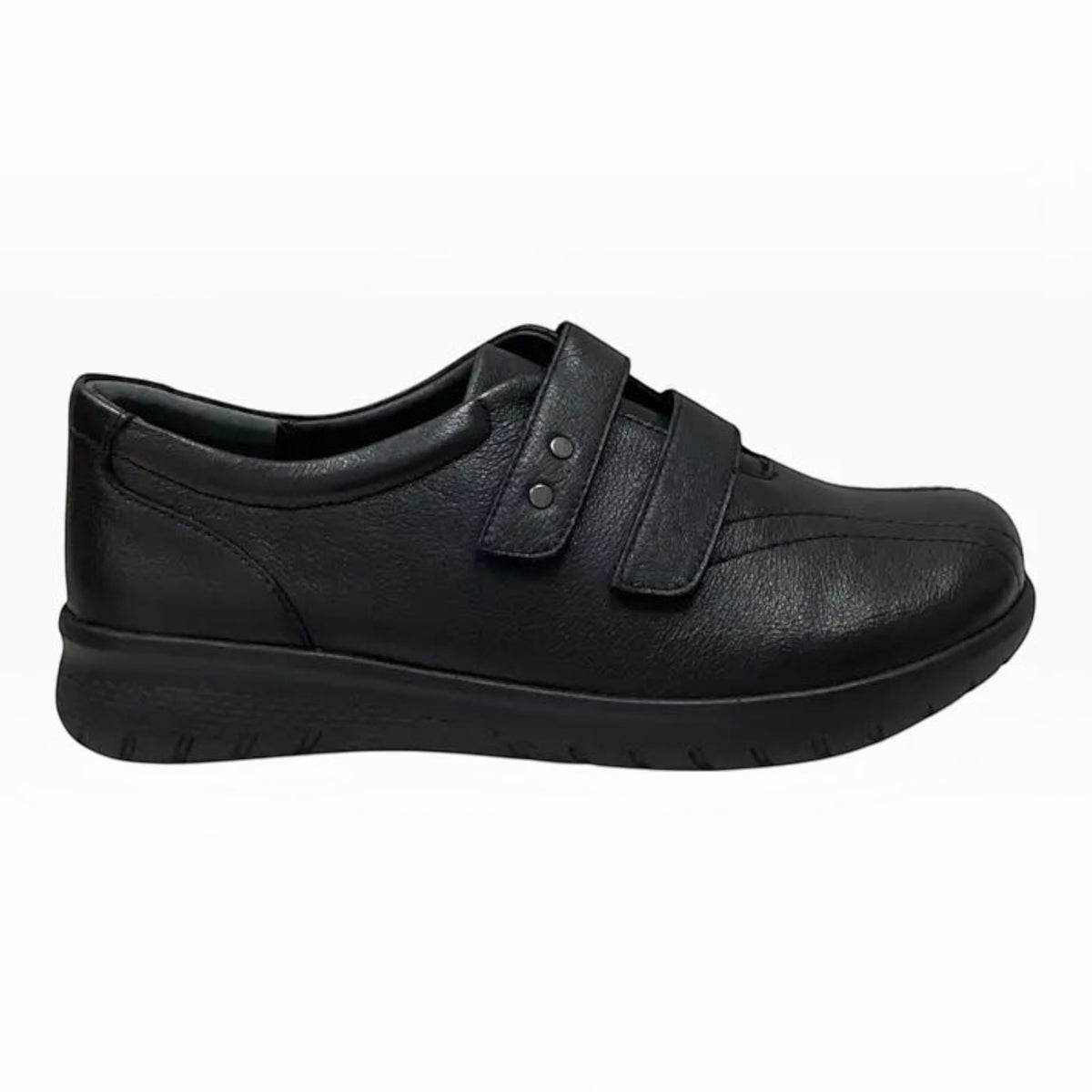 The Shoe Shop Ziera Sonnye black leather sneaker with dual hook-and-loop straps and a supportive sole.