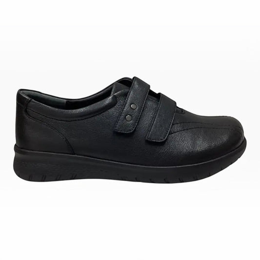The Shoe Shop Ziera Sonnye black leather sneaker with dual hook-and-loop straps and a supportive sole.