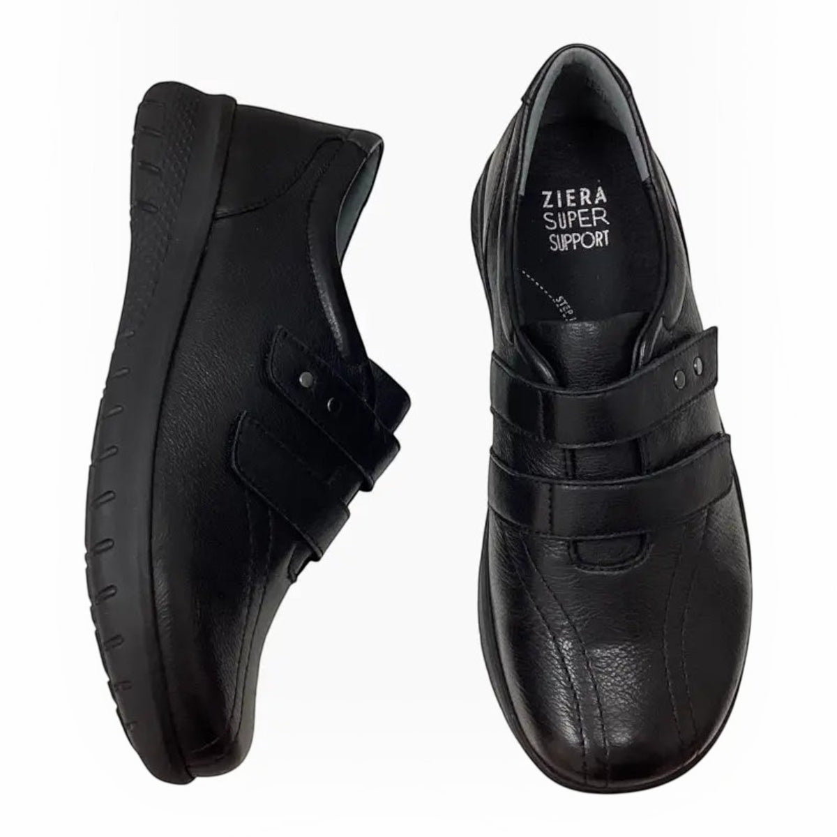 The Shoe Shop Ziera Sonnye black leather sneakers with double velcro straps and supportive orthotic footbeds.