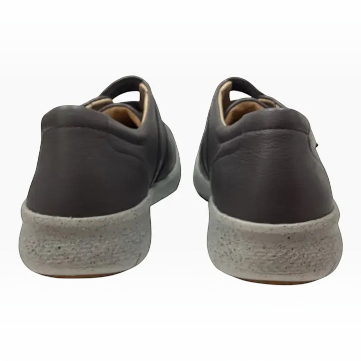 The Shoe Shop Ziera Sonnye leather sneakers in dark grey, showing a rear view of the stable, slip-resistant soles.