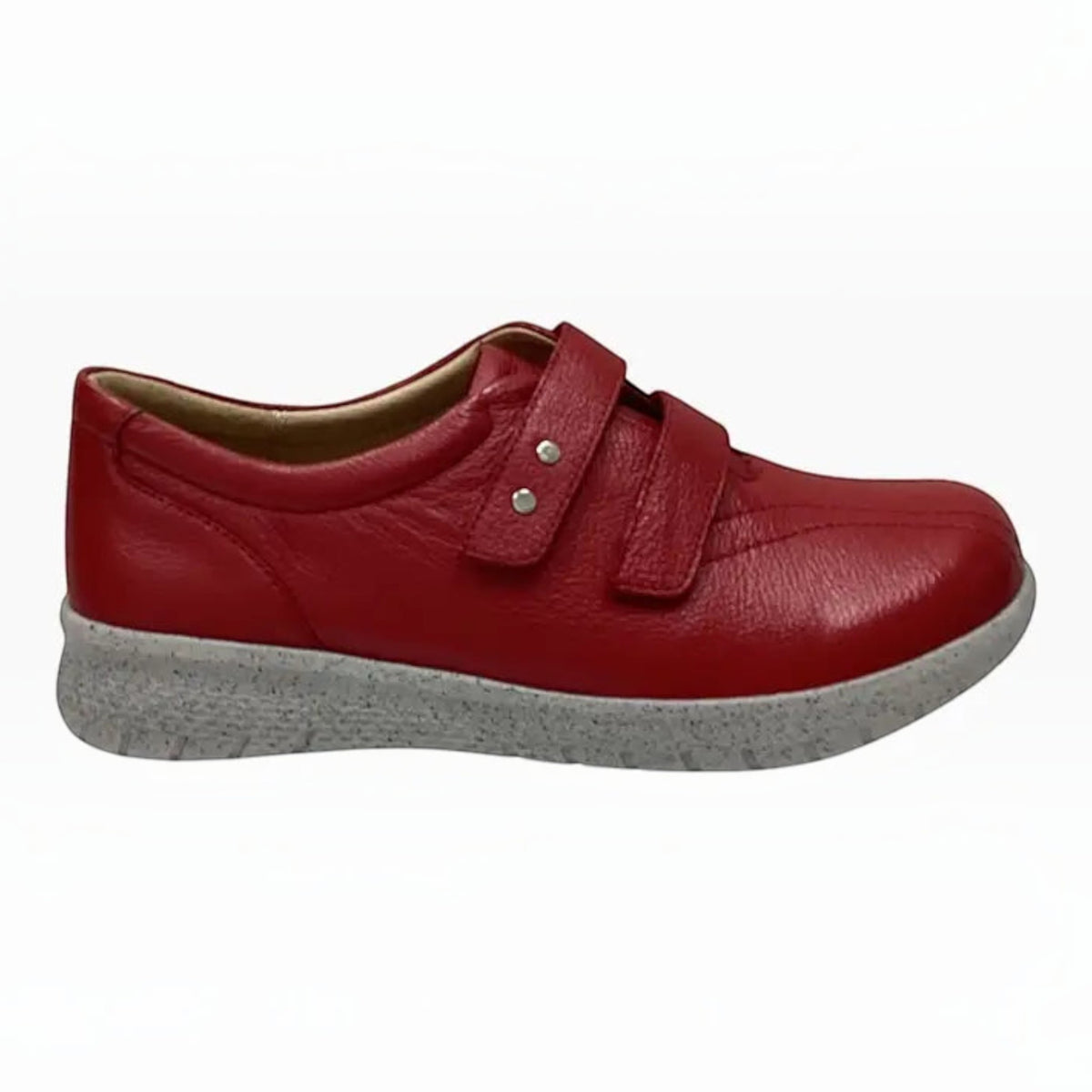 The Shoe Shop Ziera Sonnye red leather sneaker with dual hook-and-loop straps and a grey speckled supportive sole.