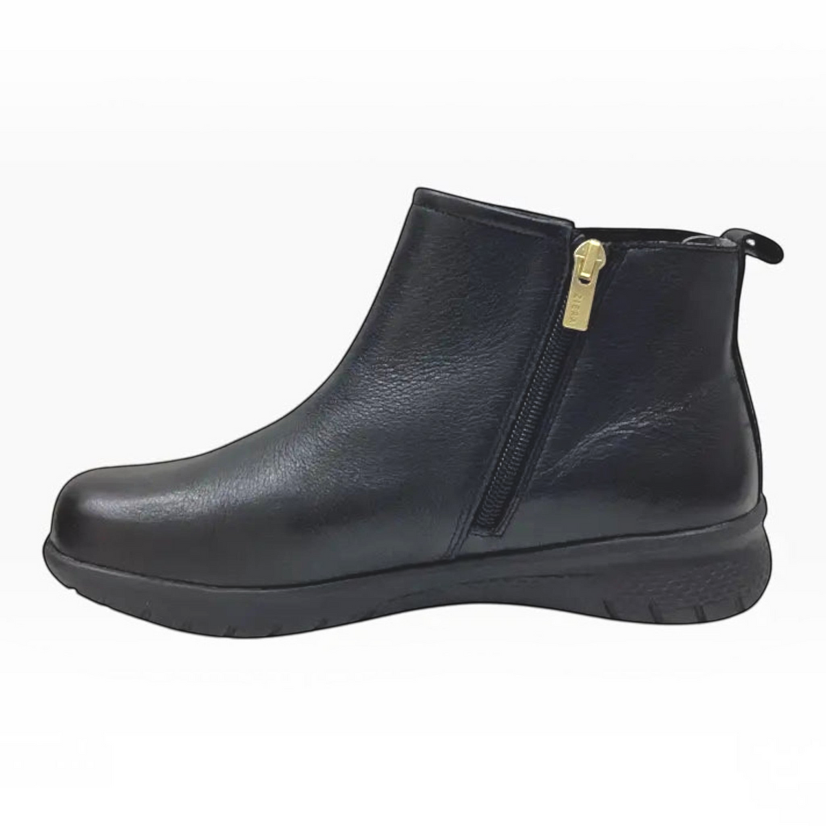The Shoe Shop Ziera Suji black leather ankle boots with side zip, elastic gusset, and supportive cushioned sole.