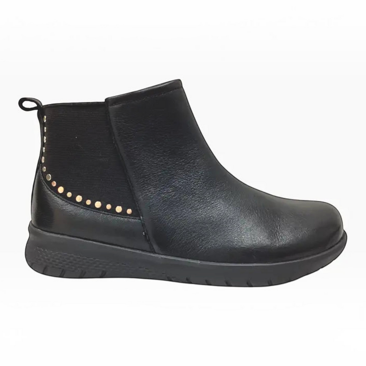 The Shoe Shop Ziera Suji black leather ankle boot with elastic gusset, side zip, and decorative gold stud detailing.
