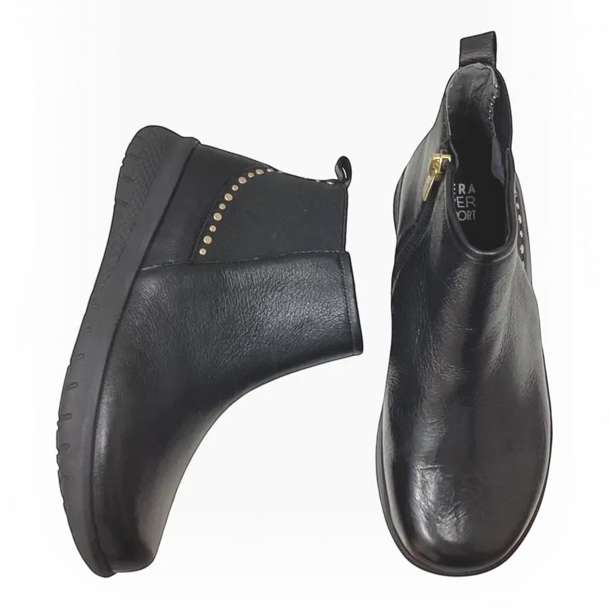 The Shoe Shop Ziera Suji black leather ankle boots with elastic gusset, side zip, and cushioned supportive footbed.