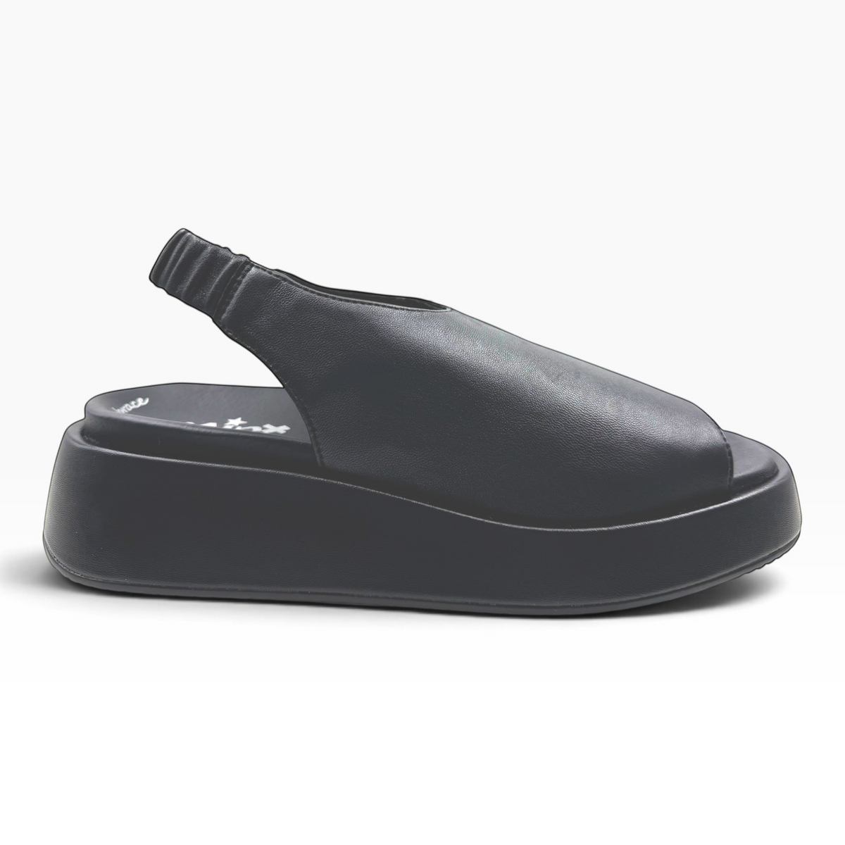 The Shoe Shop Zootie black platform slingback sandal with a smooth finish and comfortable elastic heel strap