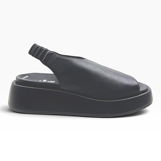 The Shoe Shop Zootie black platform slingback sandal with a smooth finish and comfortable elastic heel strap